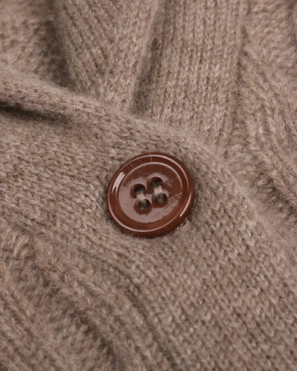 The Artisan Cardigan — oatmeal cable-knit cardigan, button and cable-knit detail
