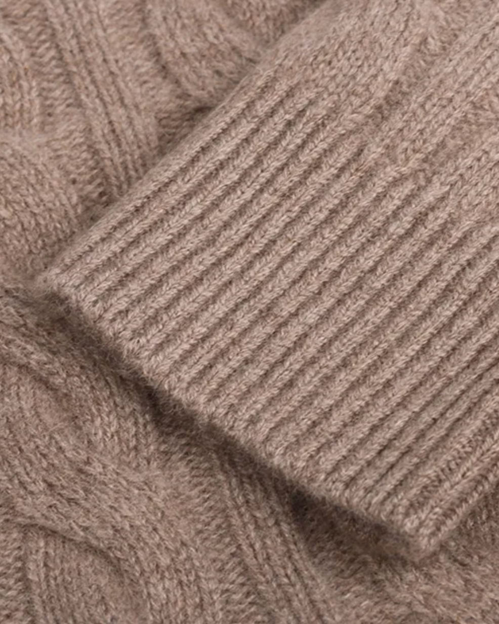 The Artisan Cardigan — oatmeal cable-knit cardigan, ribbed cuff detail