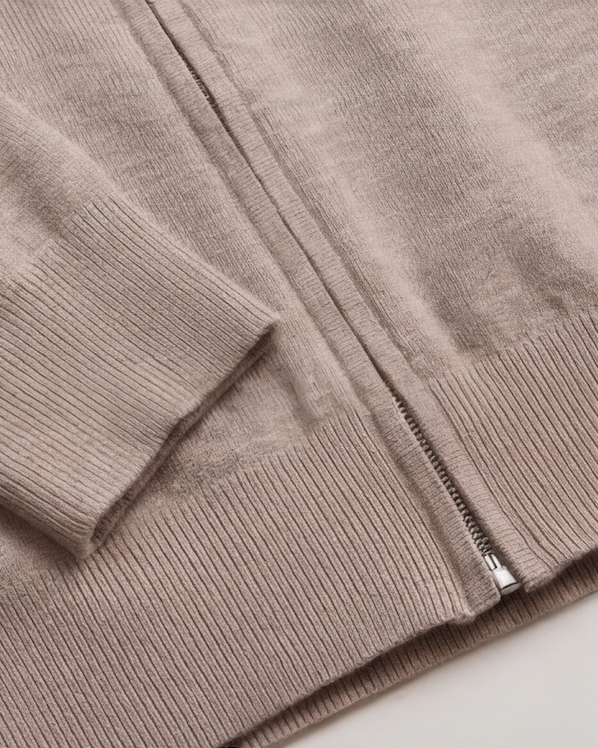 The Transit Knit — oatmeal zip knit, zip, ribbed cuff and hem detail