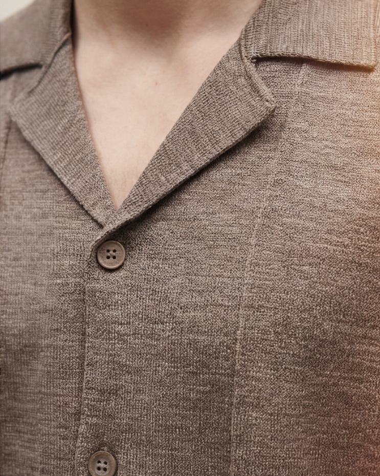 The Ease Knit — taupe short-sleeve collared knit, collar and button detail