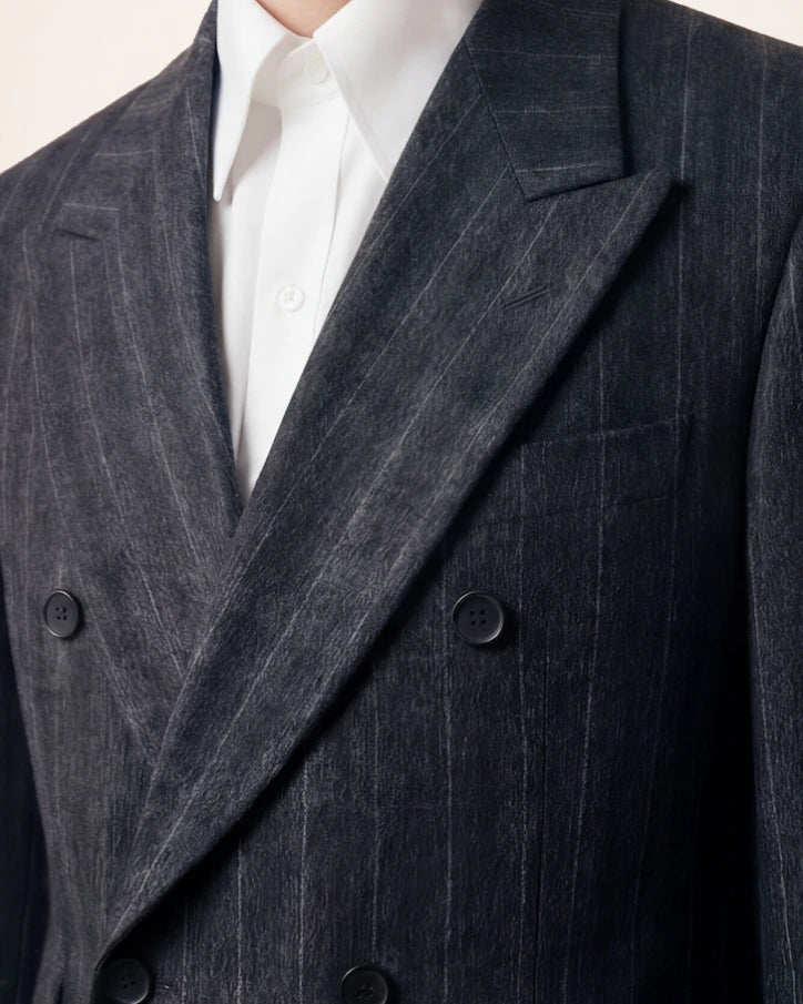 The Command Jacket — charcoal striped double-breasted jacket, lapel and stripe detail