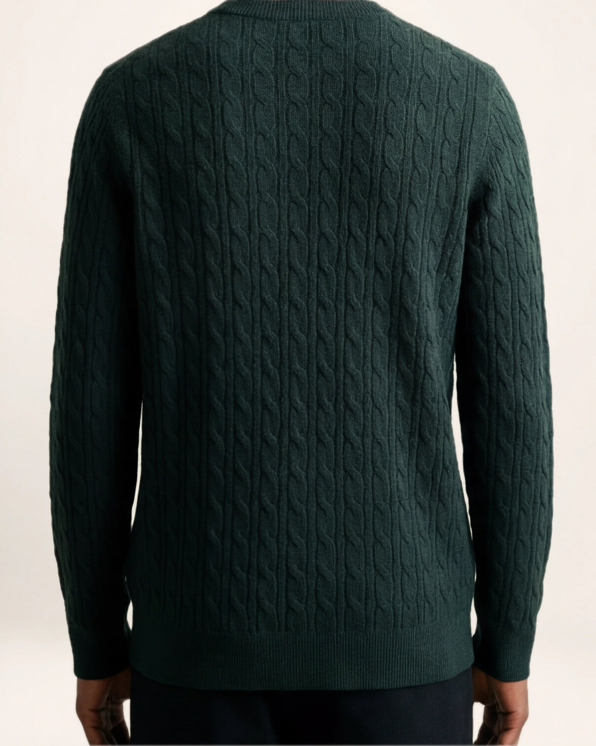 The Depth Knit — deep green cable-knit sweater, back view on a model