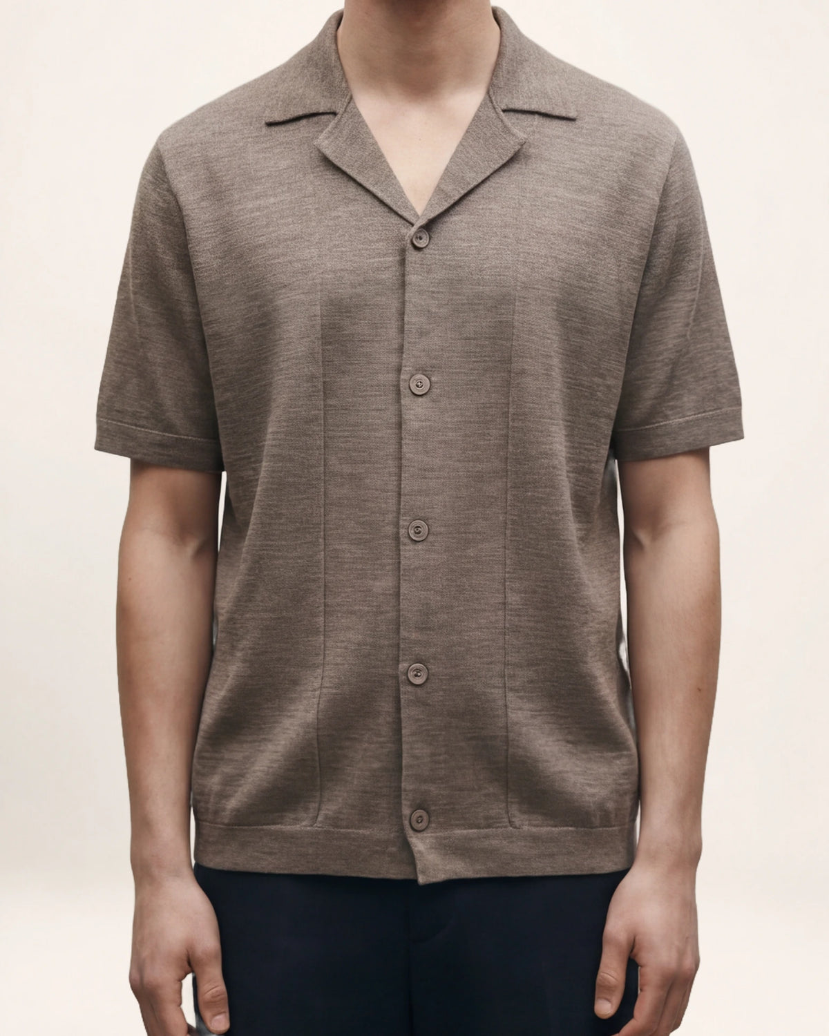 The Ease Knit — taupe short-sleeve collared knit, front view on a model