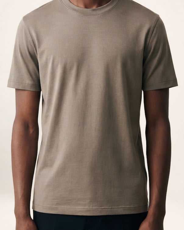 The Essential Knit — taupe short-sleeve crew-neck knit, front view on a model