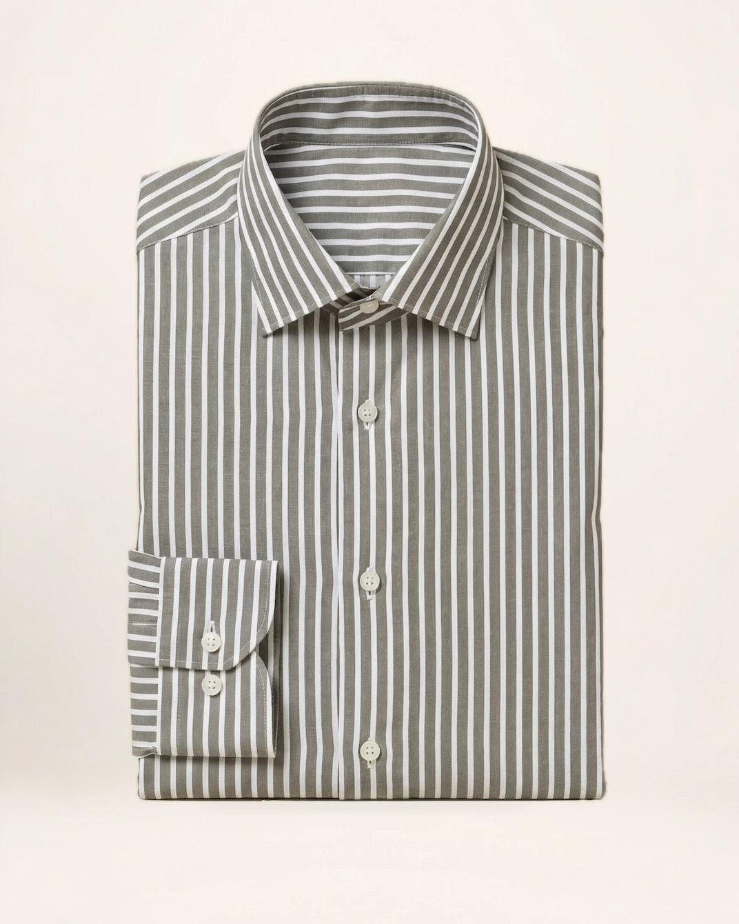 The Explorer Shirt — grey and white striped shirt, folded shirt with collar