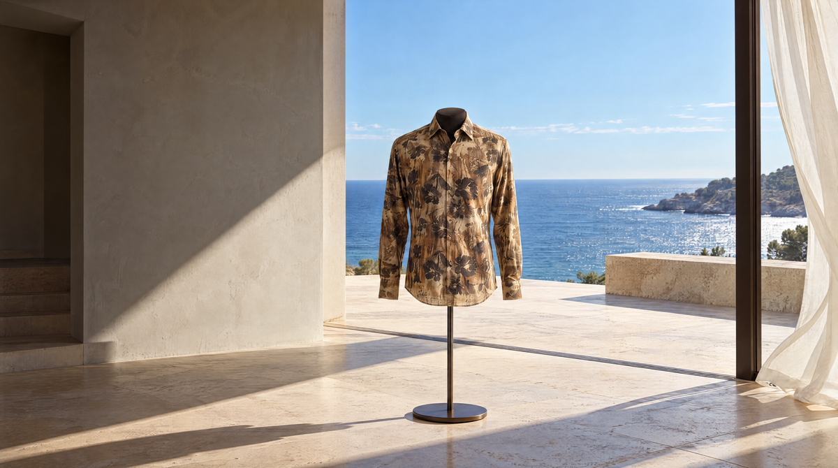 Botanical-print shirt on a headless tailor form in a sunlit contemporary home overlooking the sea
