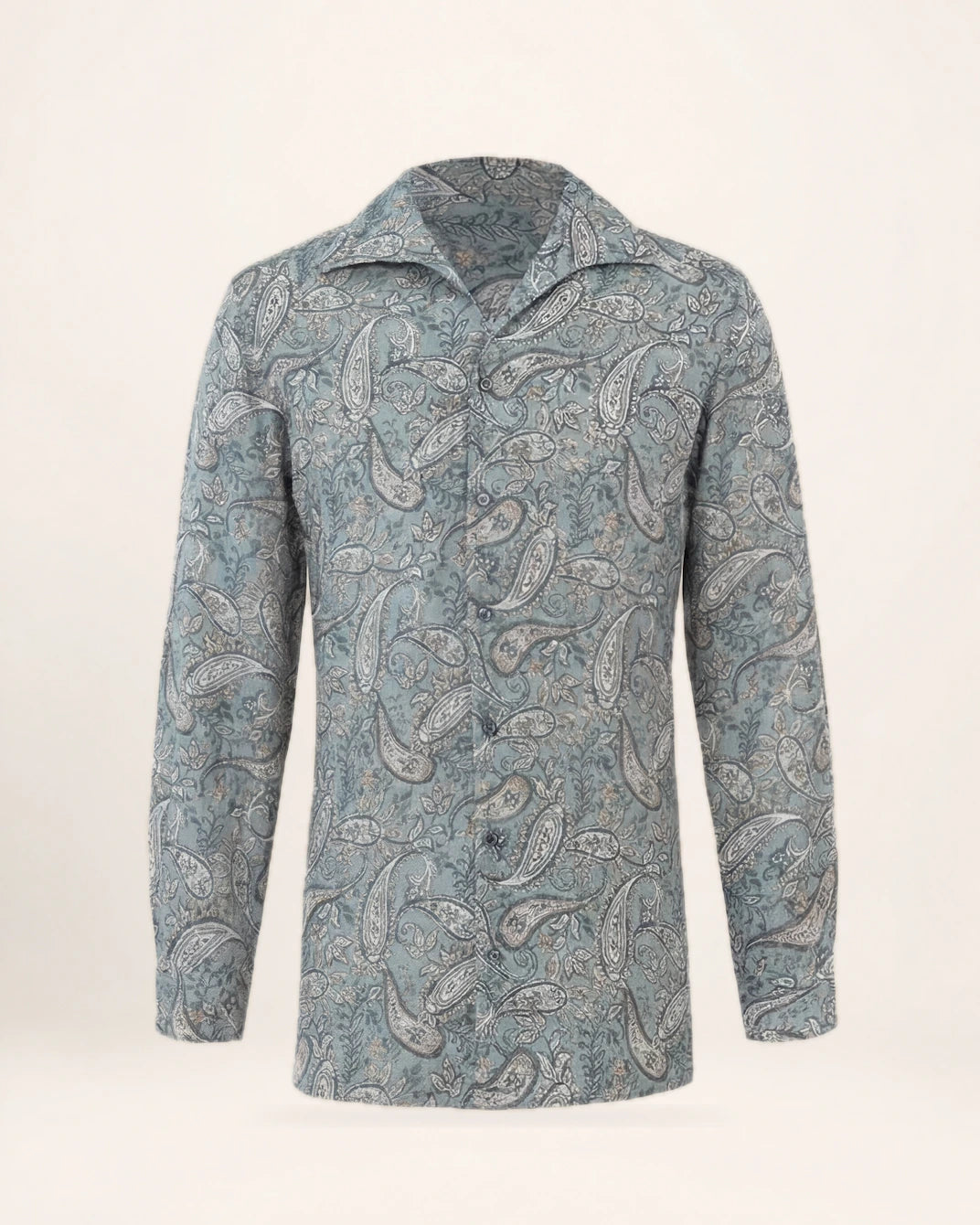 The Mirage Shirt — blue paisley shirt, front view