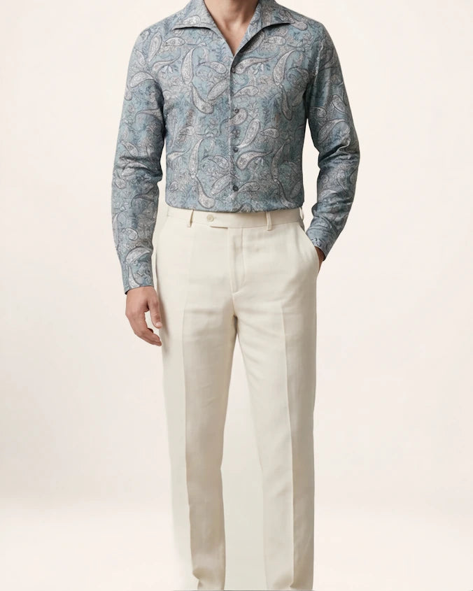The Mirage Shirt — blue paisley shirt, front view on a model
