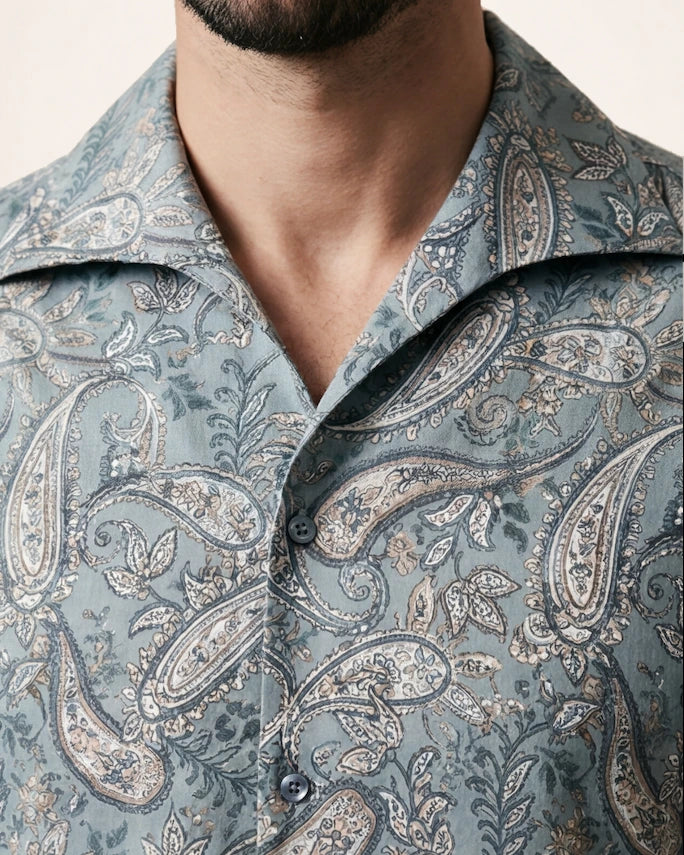 The Mirage Shirt — blue paisley shirt, open collar and paisley detail