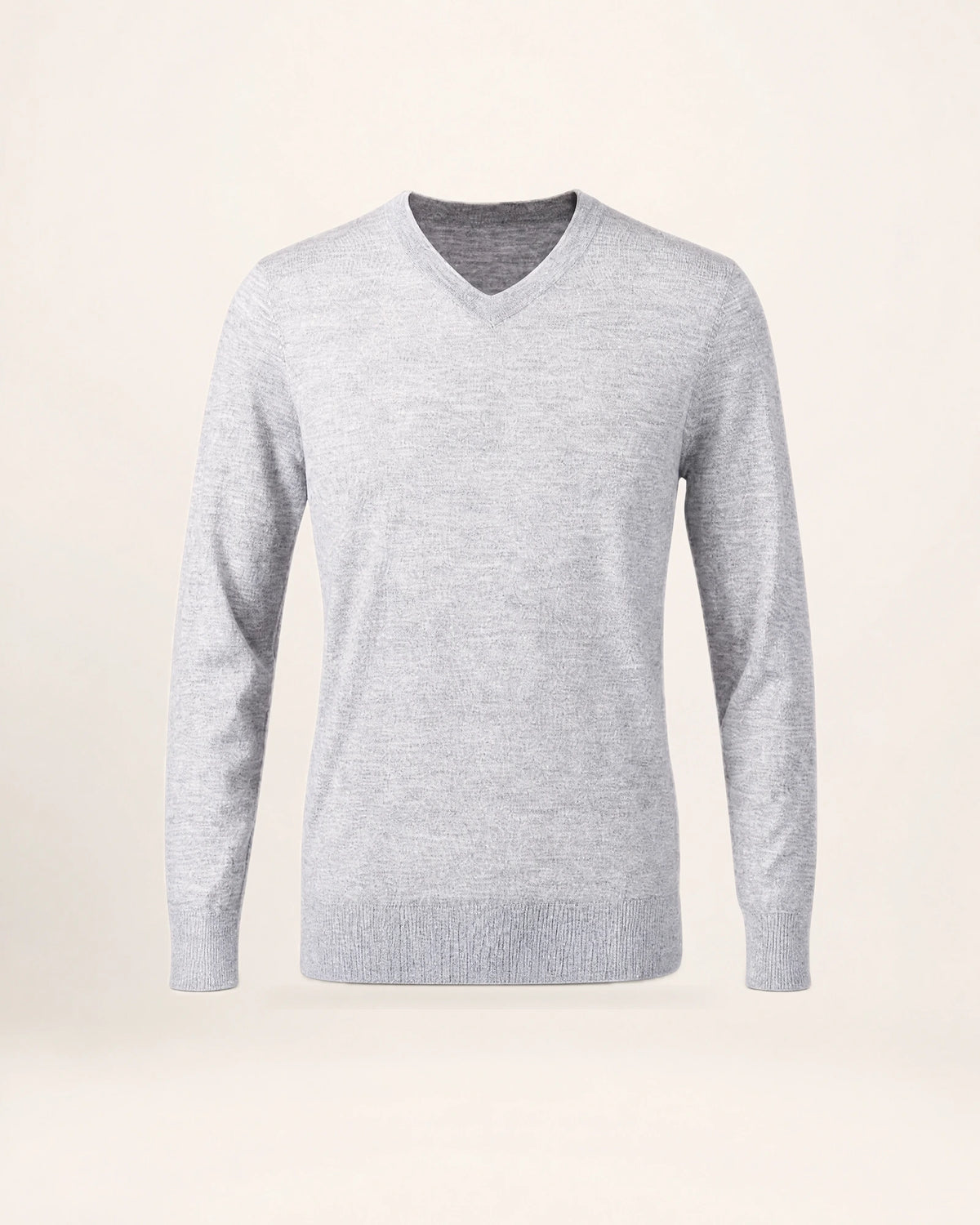 The Refined Knit — light grey V-neck knit, front view