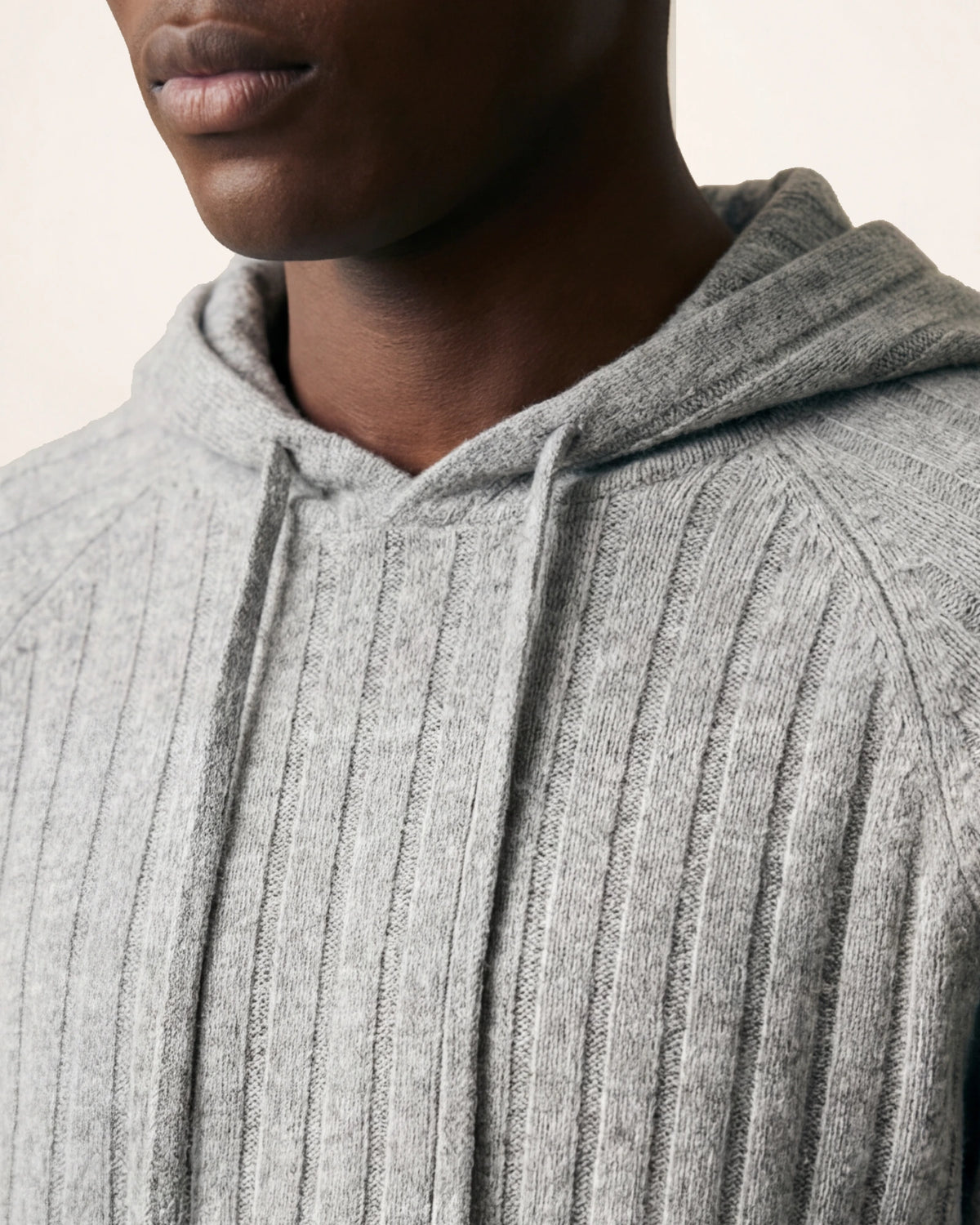 The Retreat Hoodie — grey ribbed hoodie, hood neckline and drawstring detail
