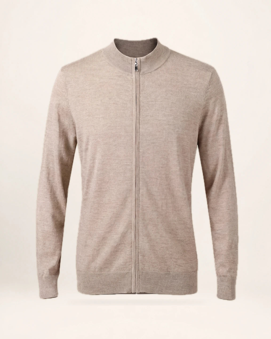 The Transit Knit — oatmeal zip knit, front view
