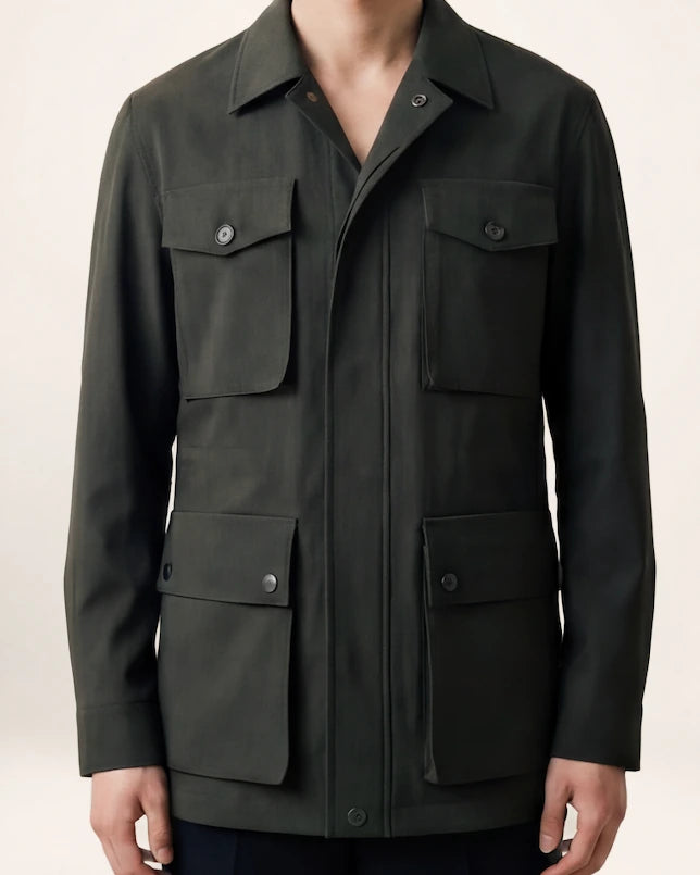 The Vanguard Jacket — dark olive field jacket, front view on a model
