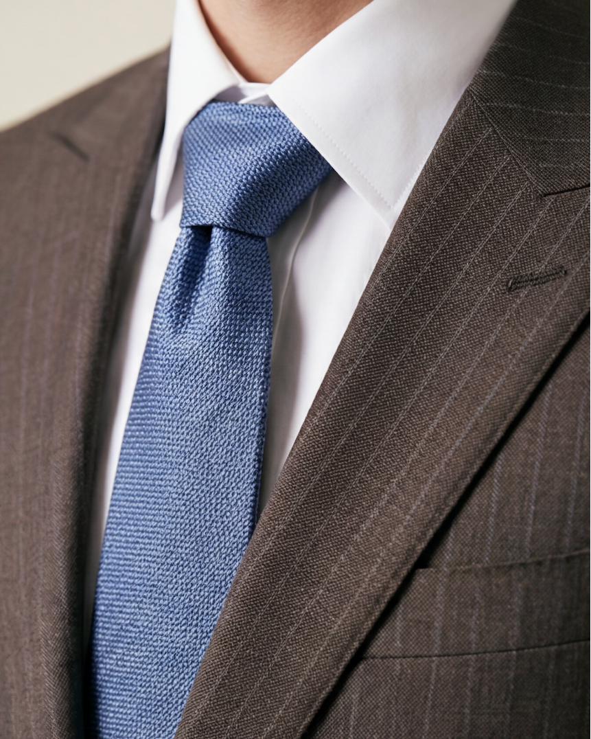 The Apex Suit — brown suit, lapel and stripe detail