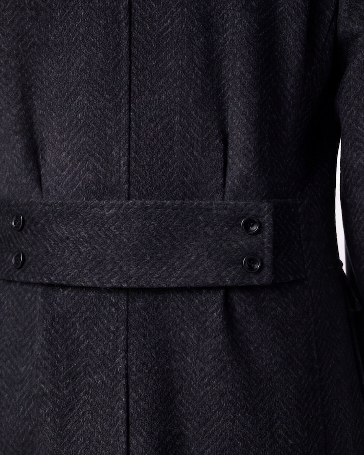 The Sovereign Coat — charcoal coat, back belt detail