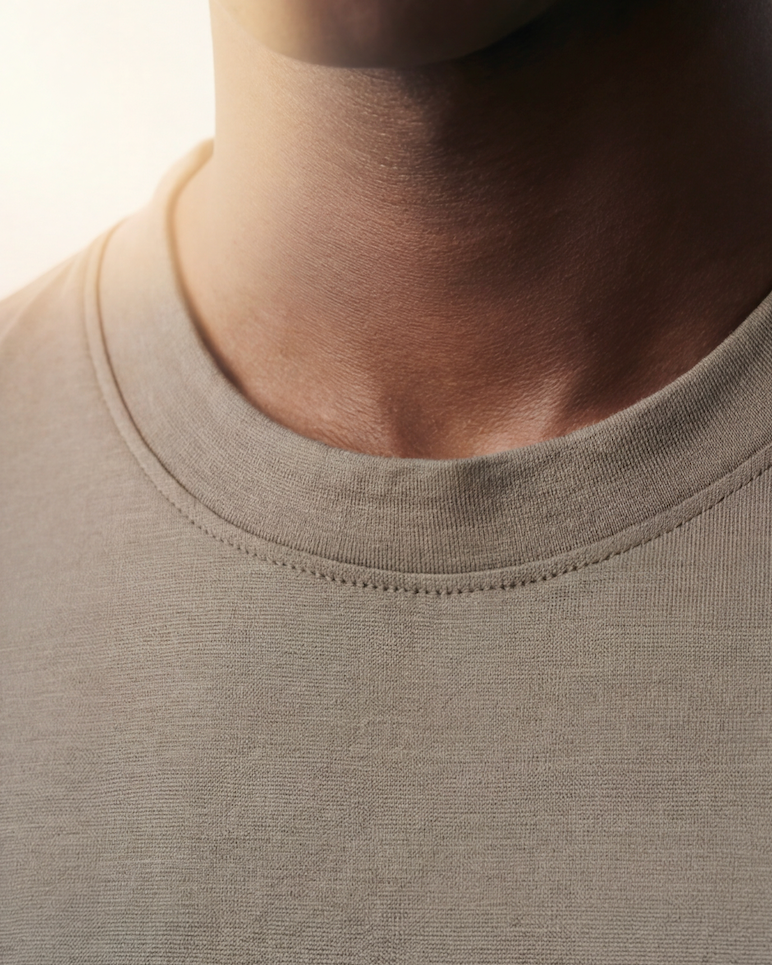The Essential Knit — taupe short-sleeve crew-neck knit, crew-neck and texture detail