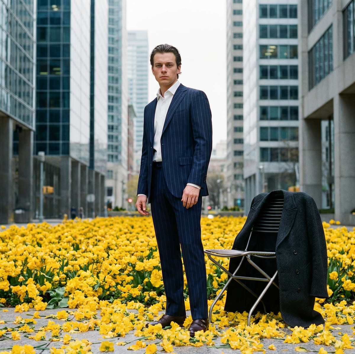 Man in a suit standing in a field of yellow flowers with modern buildings in the background