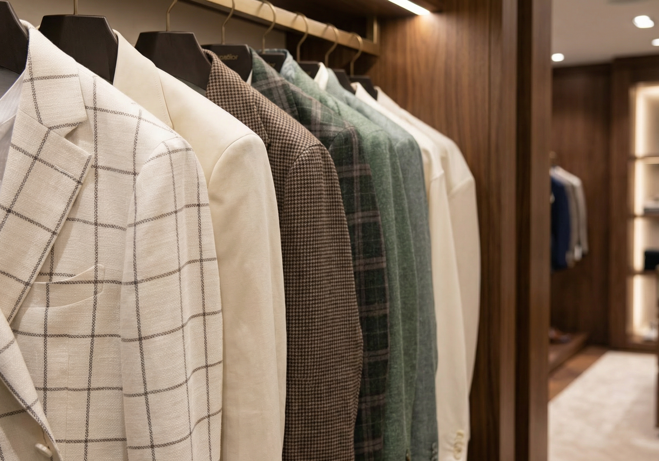 Row of men's suits hanging on a rack in a store setting.