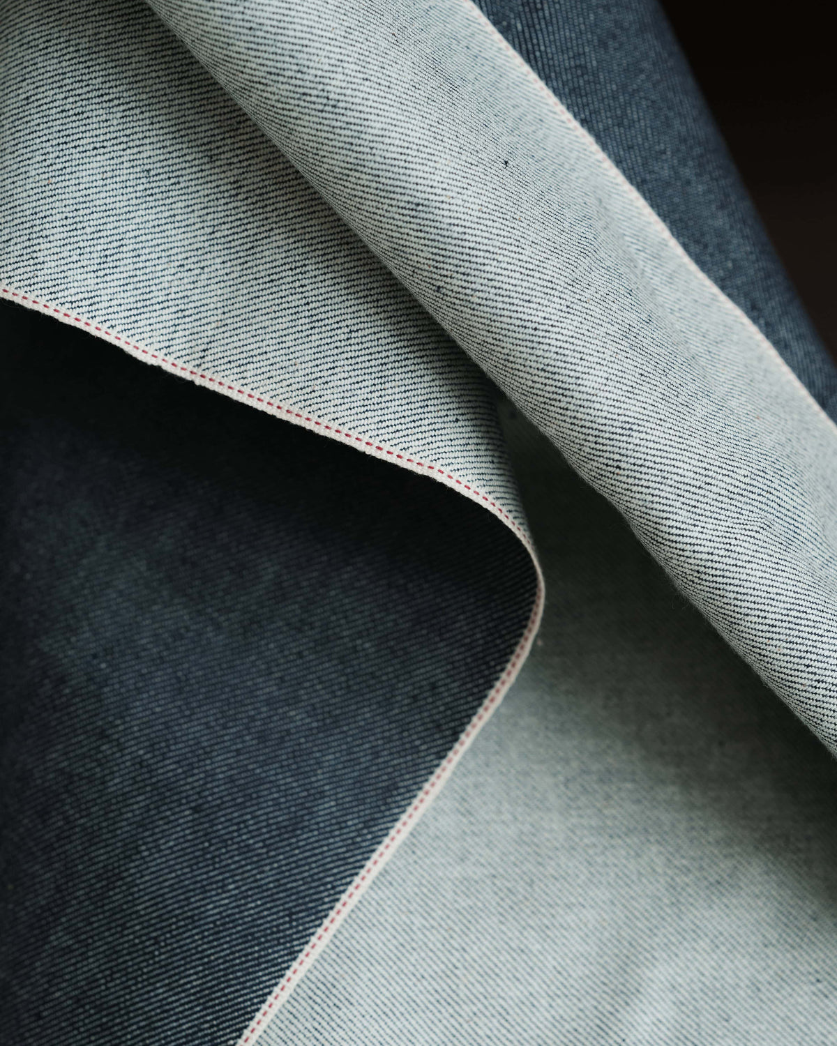 The Landmark Selvedge — blue denim, folded denim cloth, close-up
