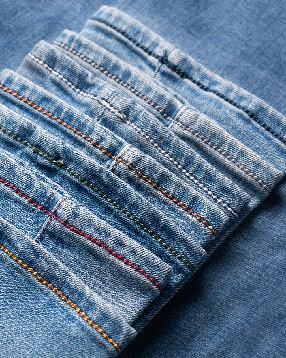 The Stretch Denim — denim, contrasting seam thread samples