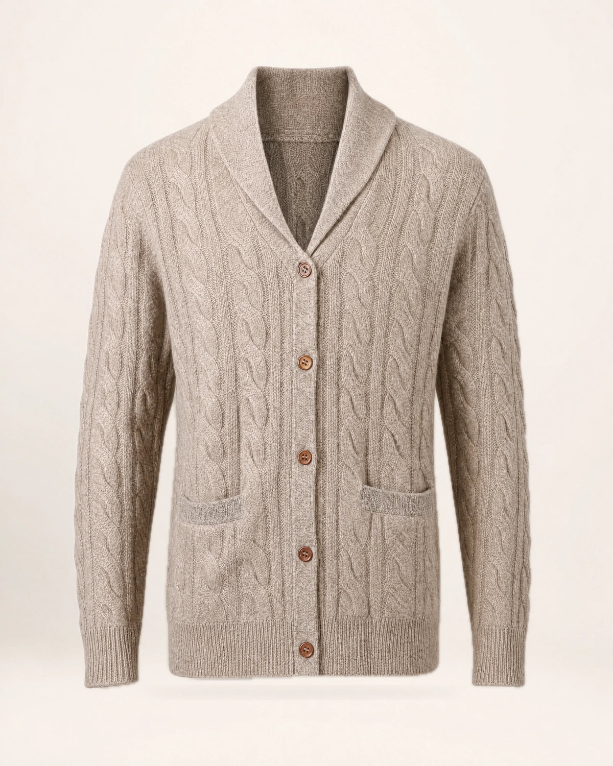 The Artisan Cardigan — oatmeal cable-knit cardigan, front view