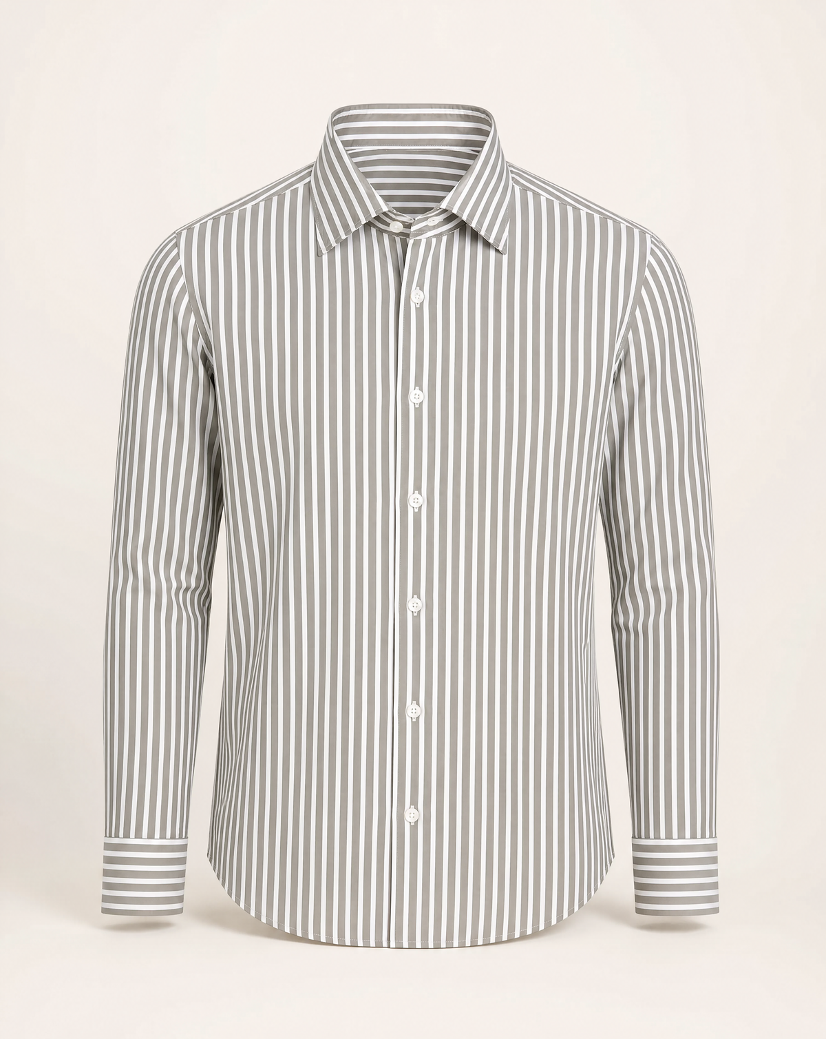 The Explorer Shirt — grey and white striped shirt, front view