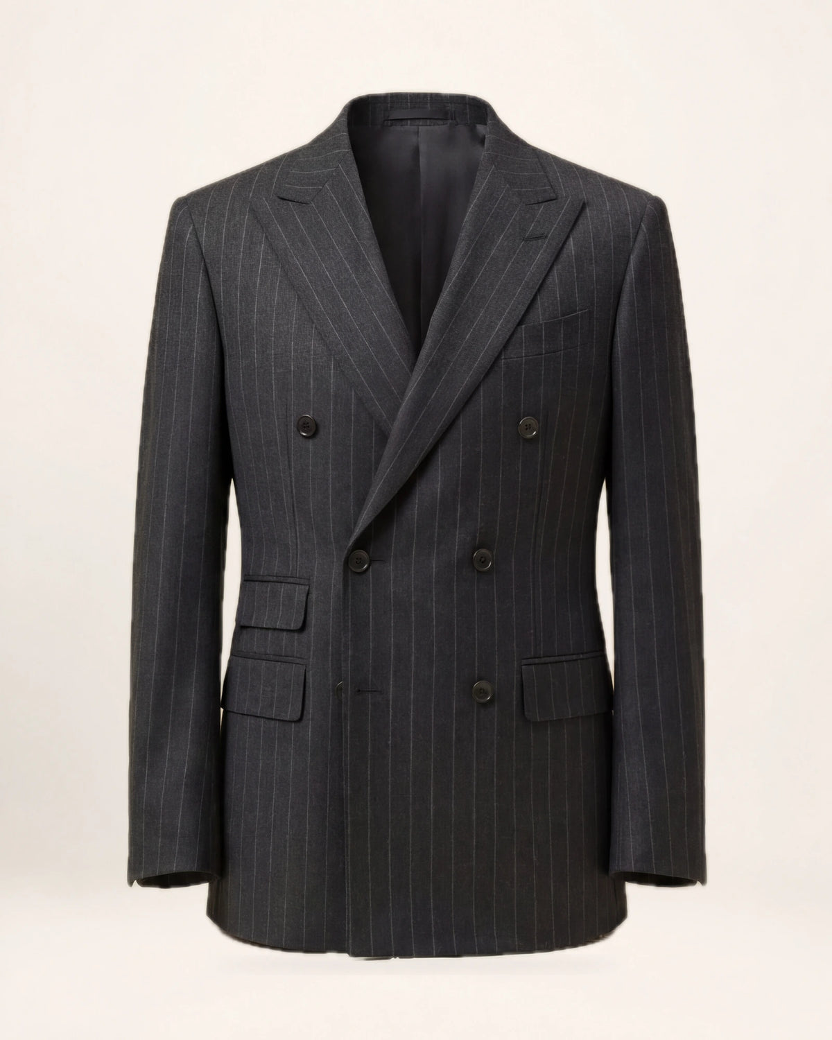 The Command Jacket — charcoal striped double-breasted jacket, front view