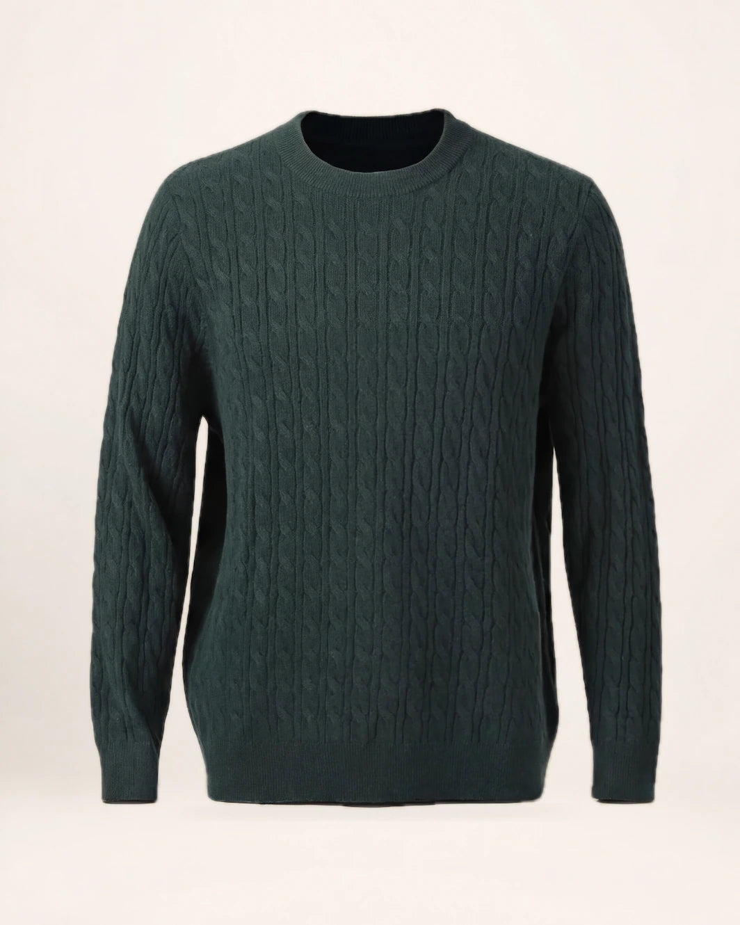 The Depth Knit — deep green cable-knit sweater, front view