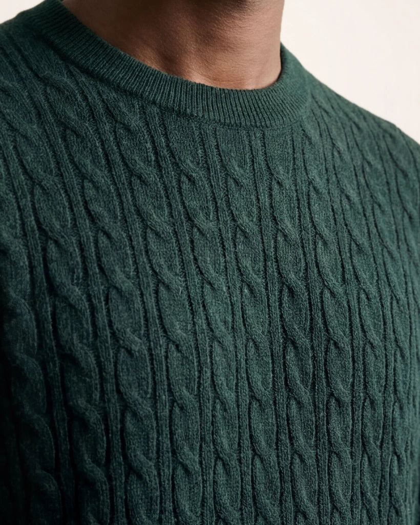 The Depth Knit — deep green cable-knit sweater, crew-neck and cable-knit detail