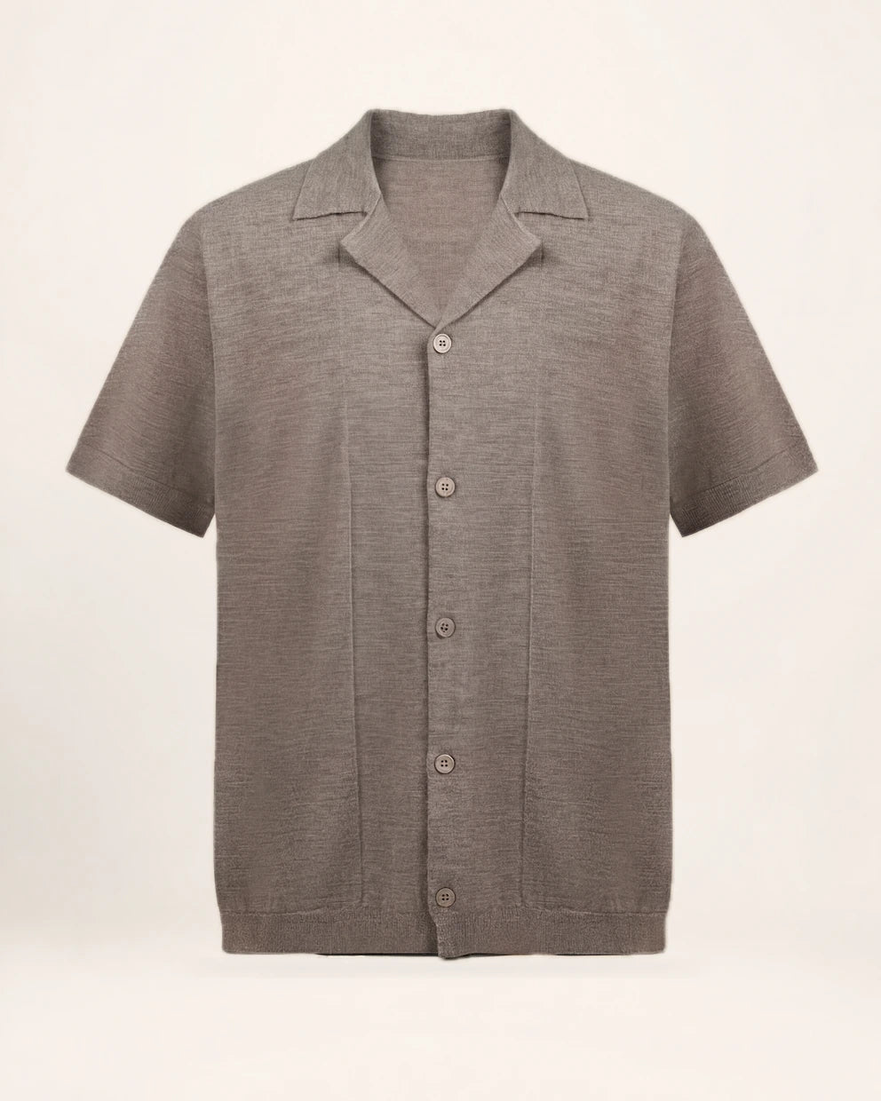 The Ease Knit — taupe short-sleeve collared knit, front view
