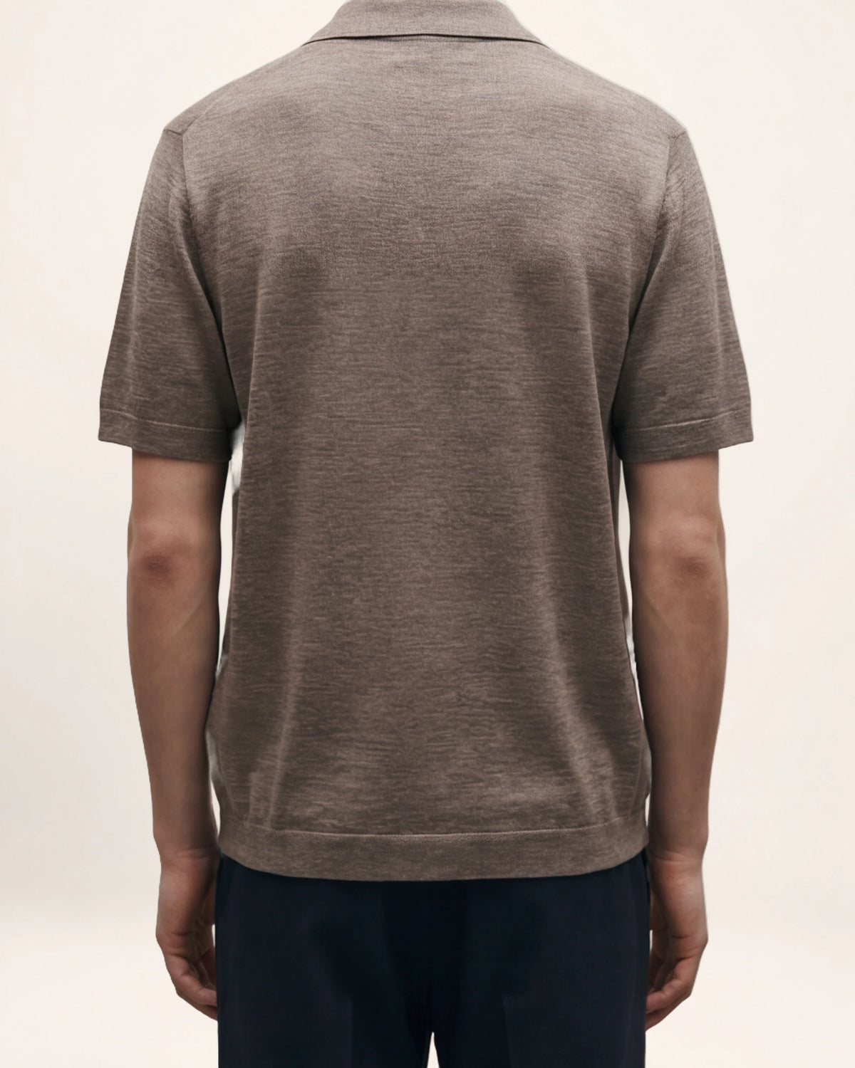 The Ease Knit — taupe short-sleeve collared knit, back view on a model