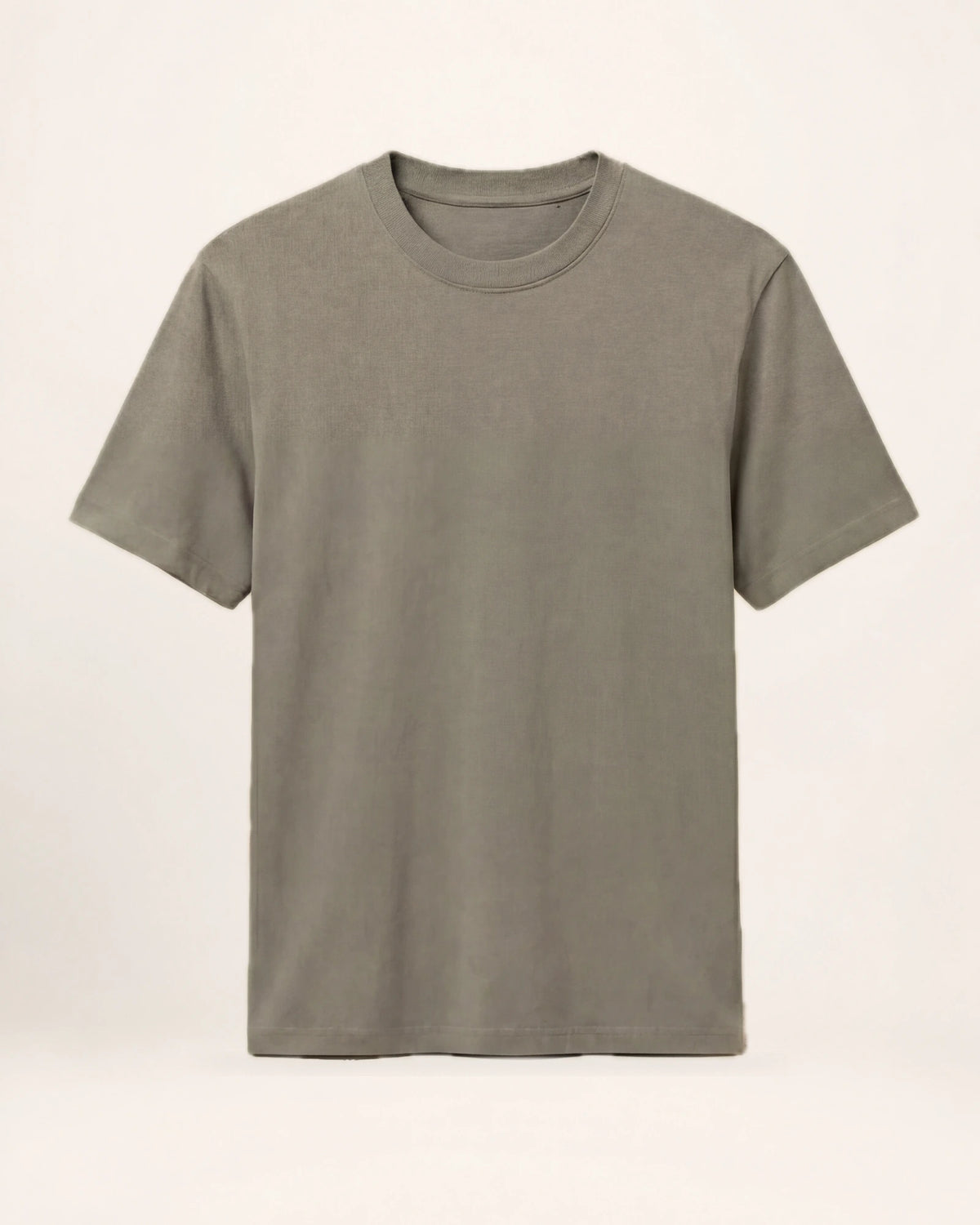 The Essential Knit — taupe short-sleeve crew-neck knit, front view