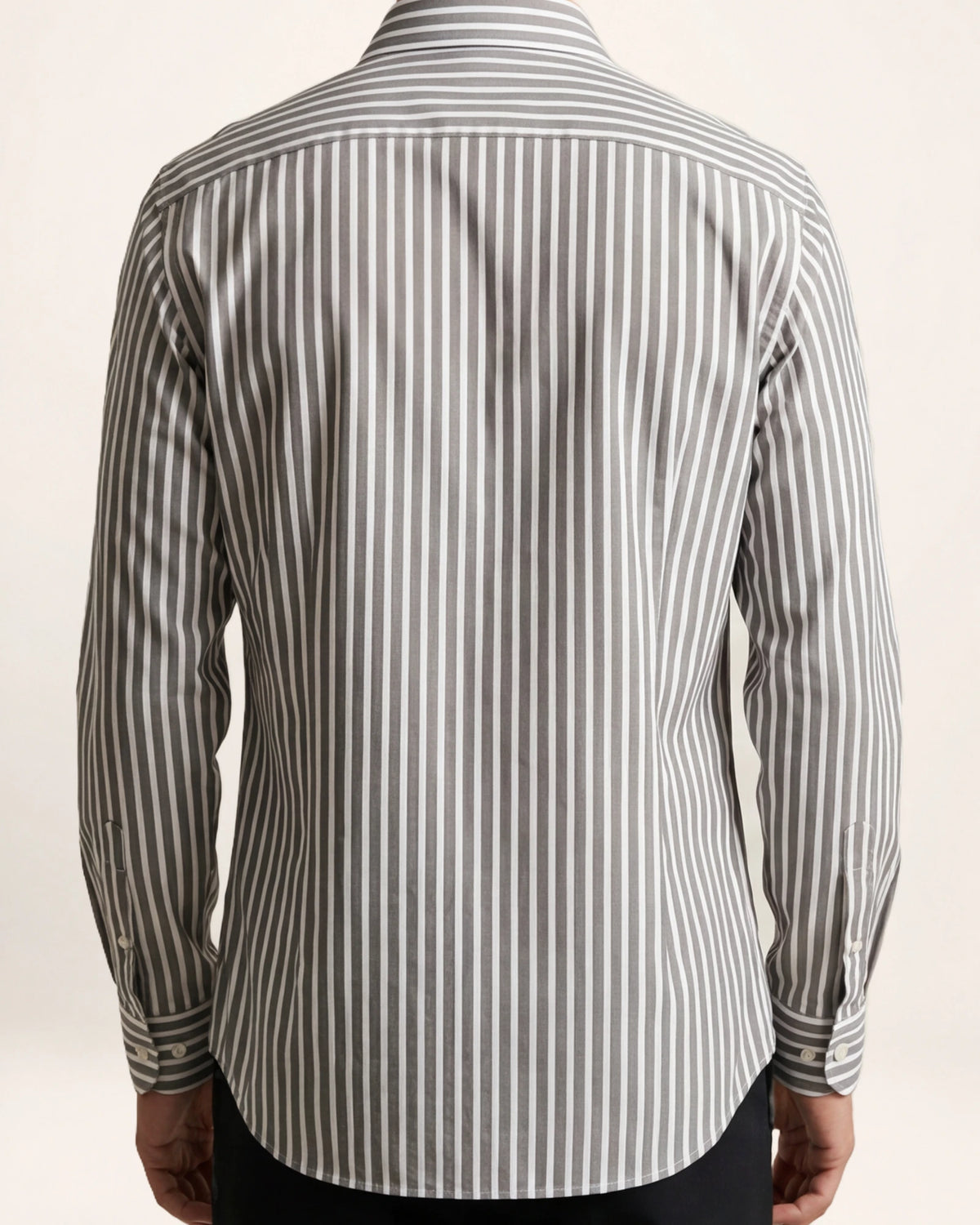 The Explorer Shirt — grey and white striped shirt, back view on a model