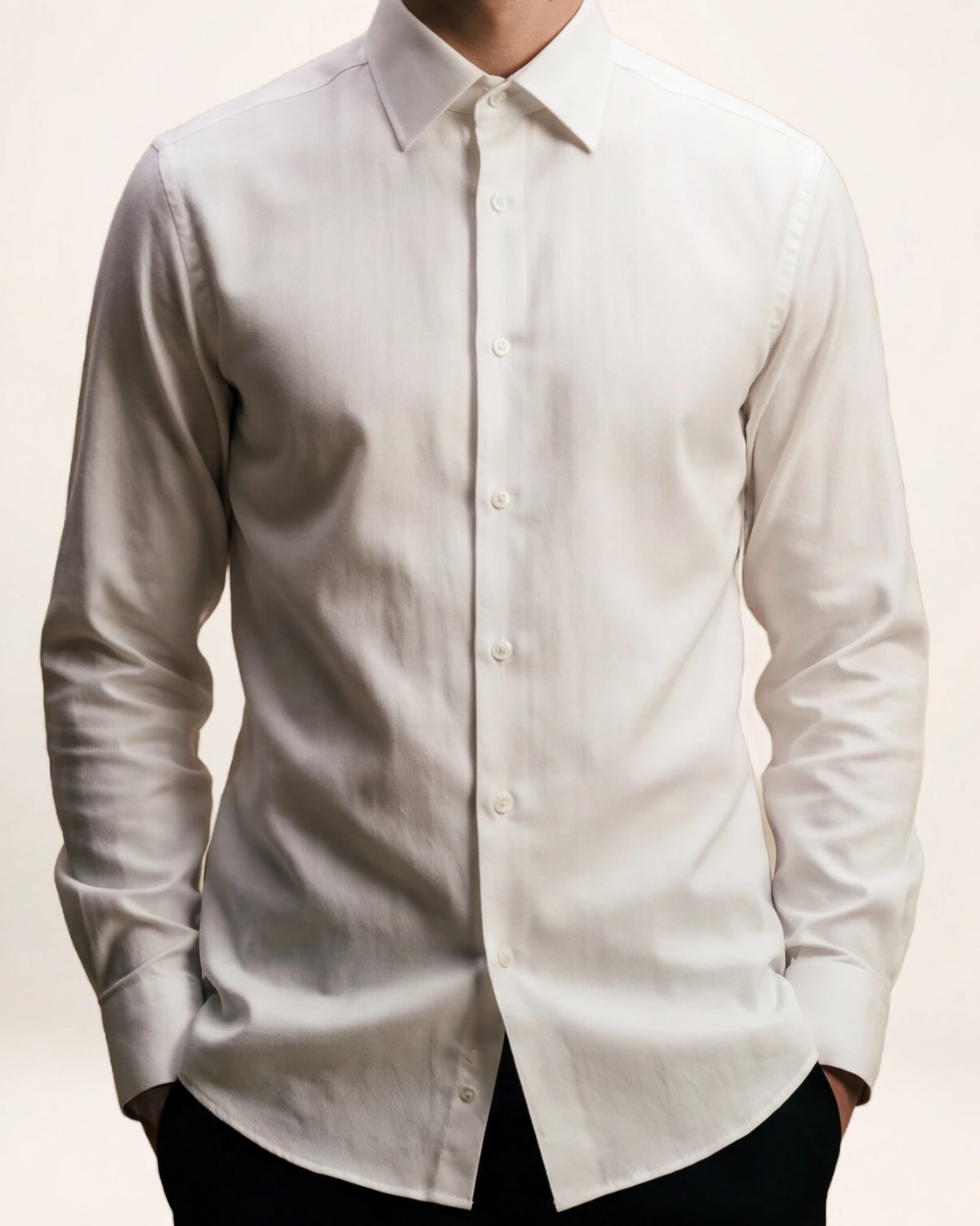 The Liberator Shirt — white shirt, front view on a model