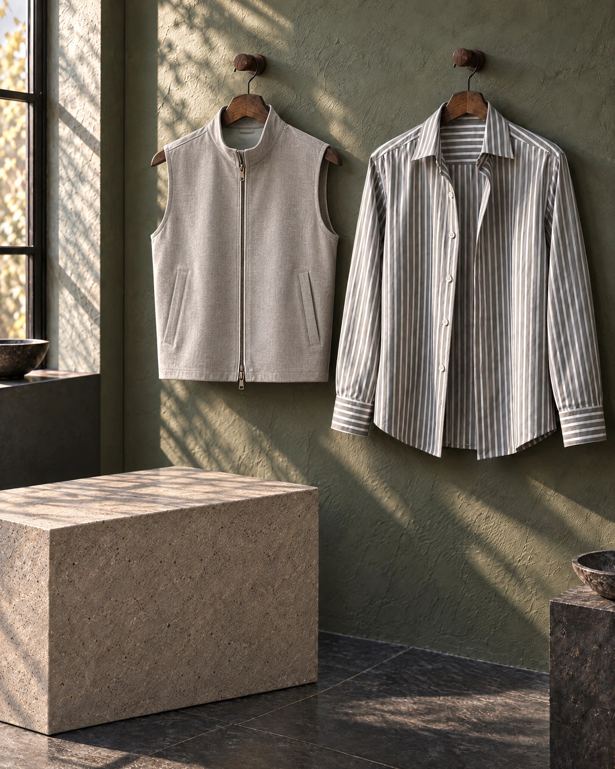 The Pathfinder — grey Ascent vest and striped Explorer shirt on wooden hangers in a sage interior
