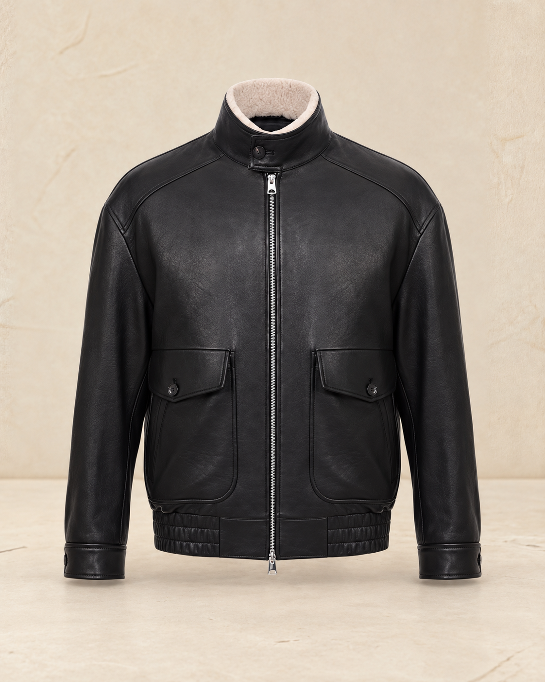 The Outrider Leather Jacket — front view, black leather, MPY28 pockets