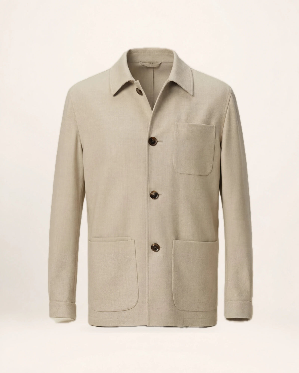 The Passage Jacket — beige button-front jacket, front view