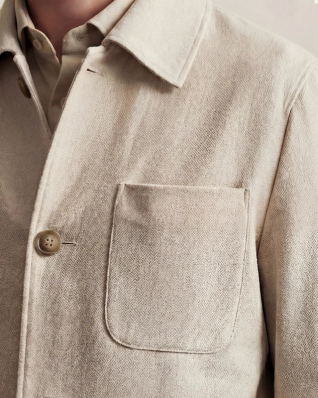 The Passage Jacket — beige button-front jacket, collar and chest pocket detail