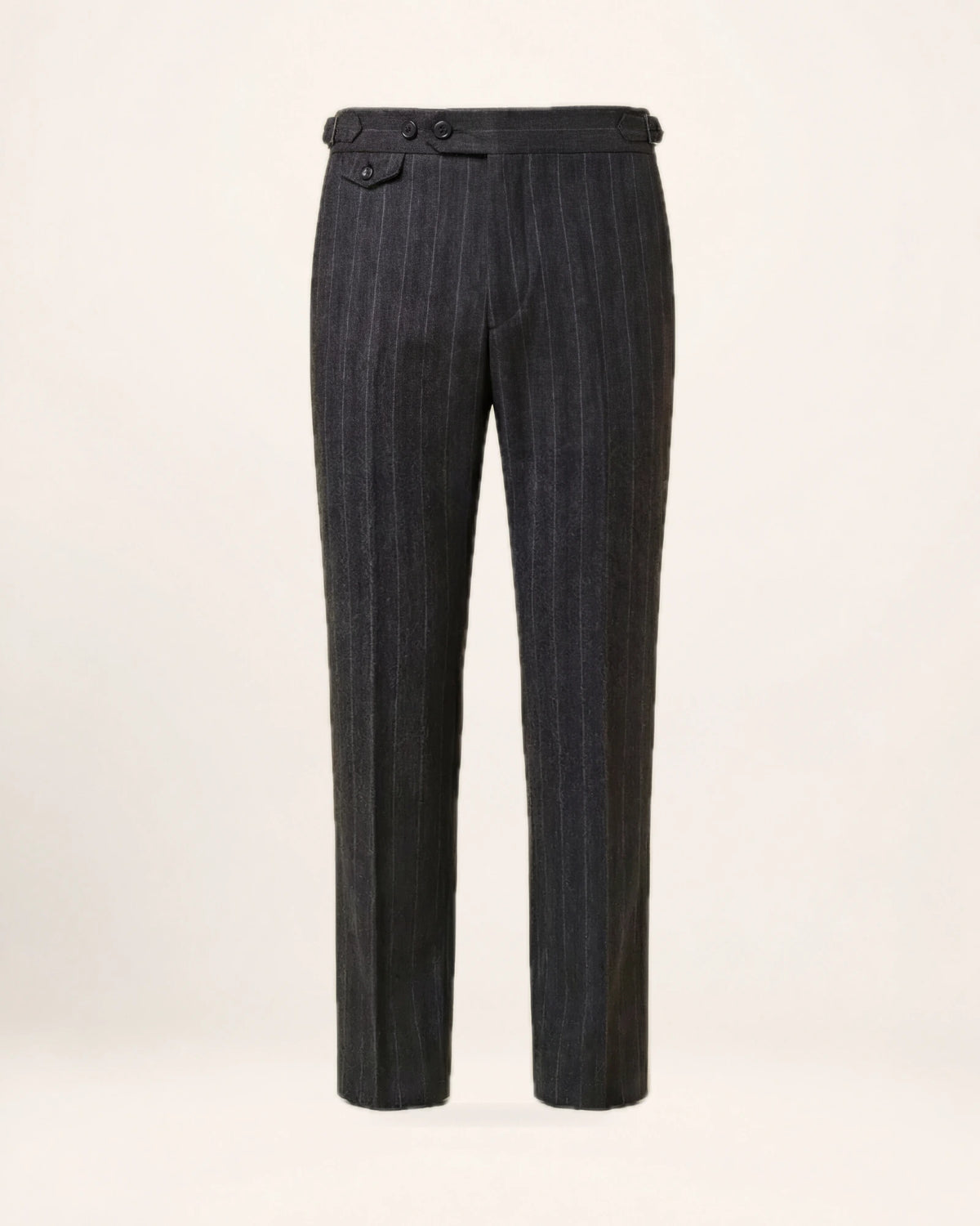 The Resolve Trouser — charcoal striped trousers, front view