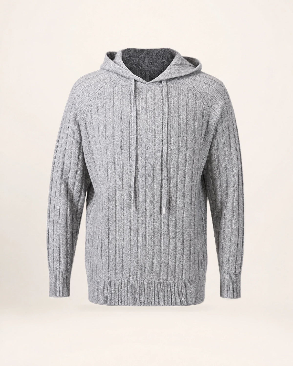 The Retreat Hoodie — grey ribbed hoodie, front view