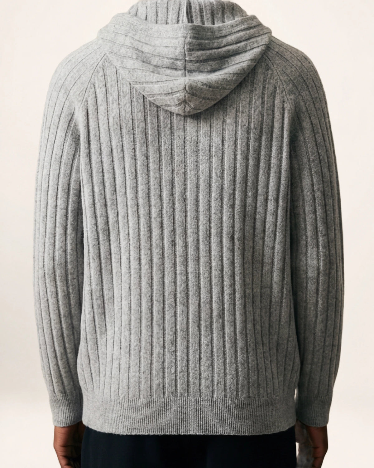 The Retreat Hoodie — grey ribbed hoodie, back view on a model