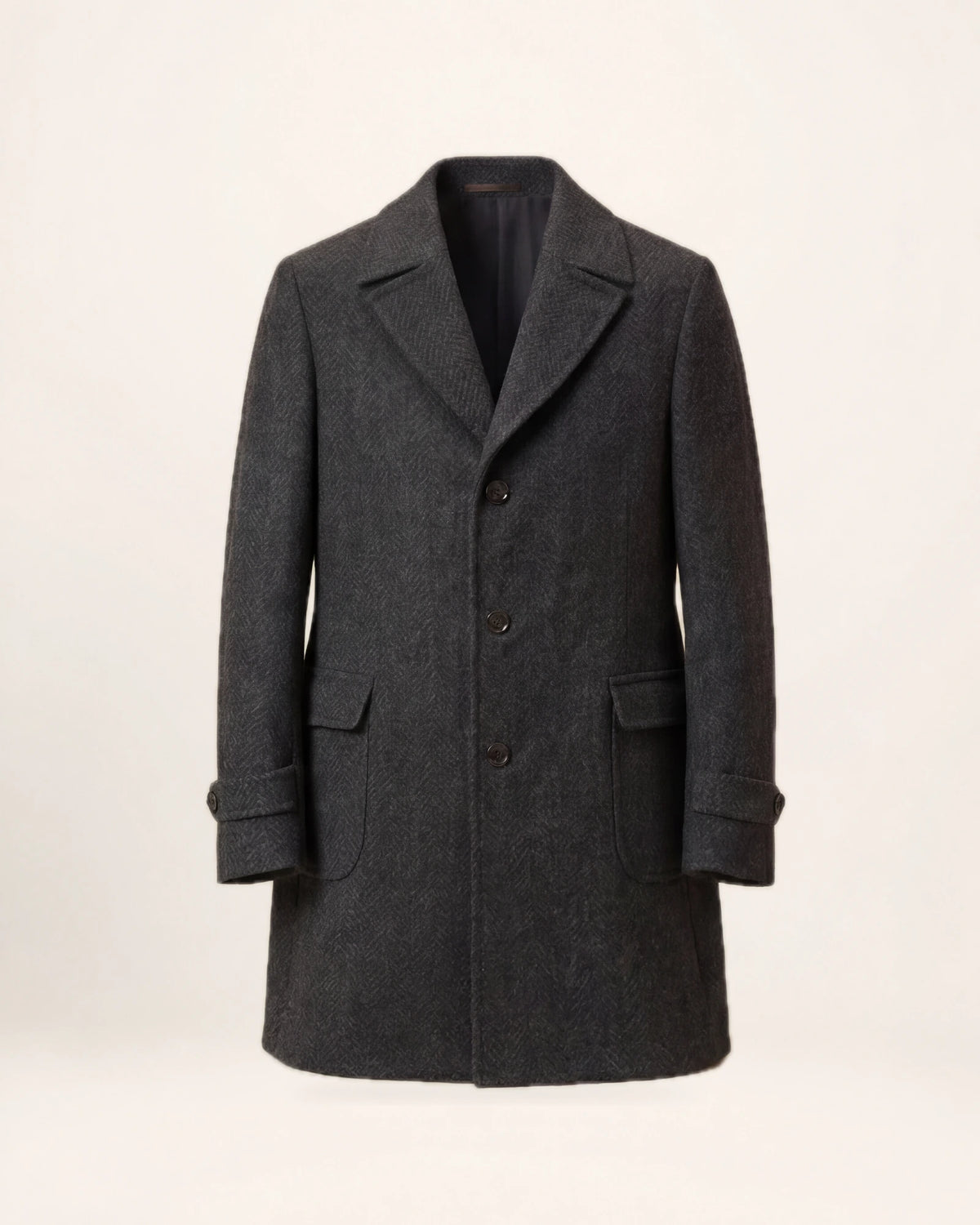 The Sovereign Coat — charcoal coat, front view