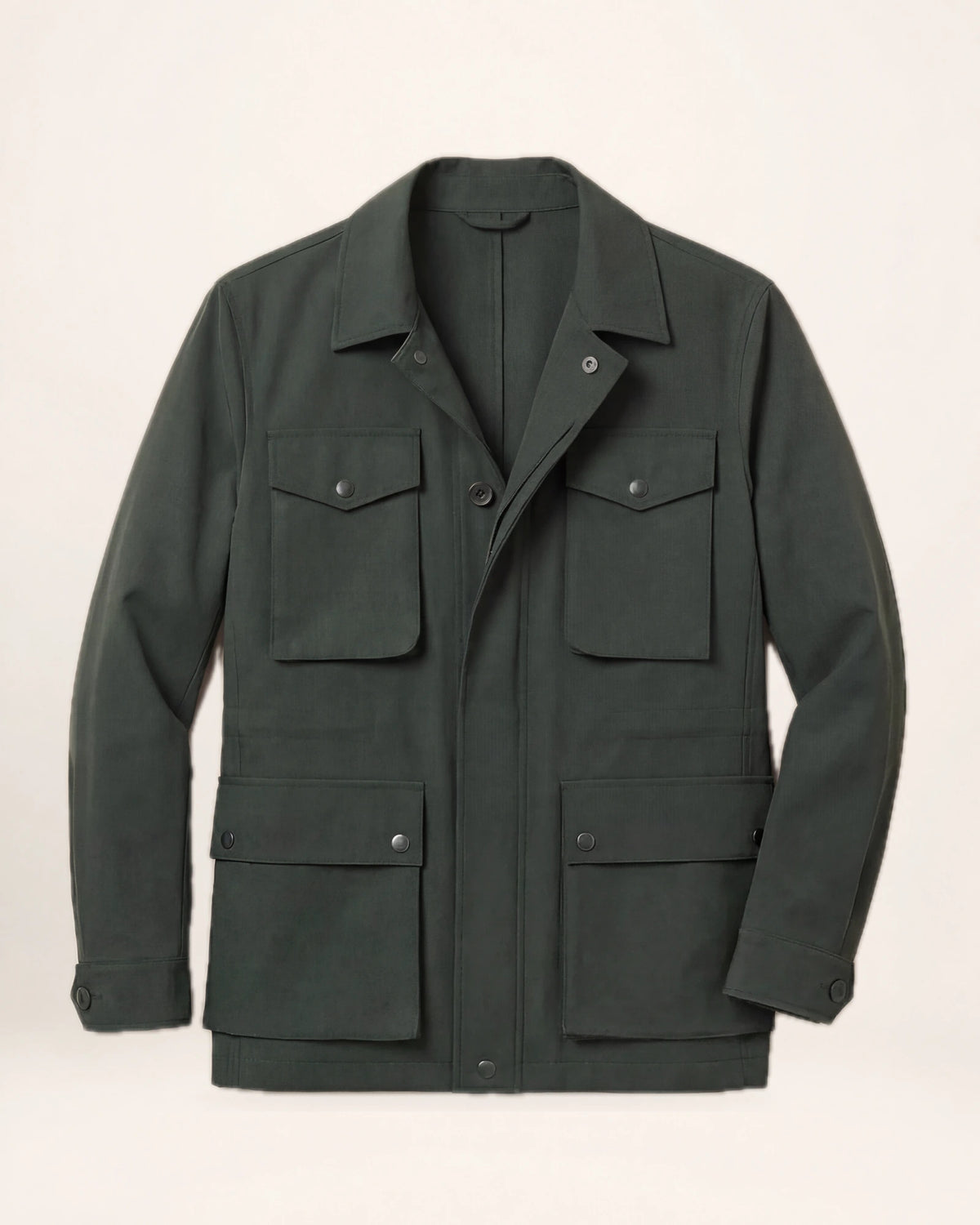 The Vanguard Jacket — dark olive field jacket, front view