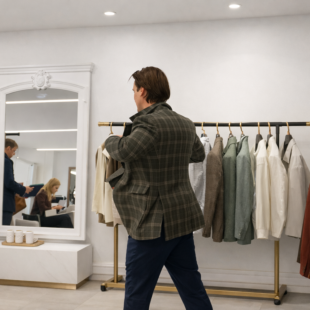 Person shopping in a clothing store with racks of coats and a mirror.